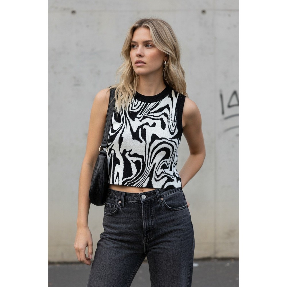 Abstract Swirl Knit Tank‎ Crop Black White Indie Sleaze Y2K Art Girl Minimal